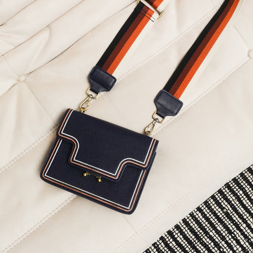 Anthropologie Navy Crossbody Bag with Orange and Tan Accents